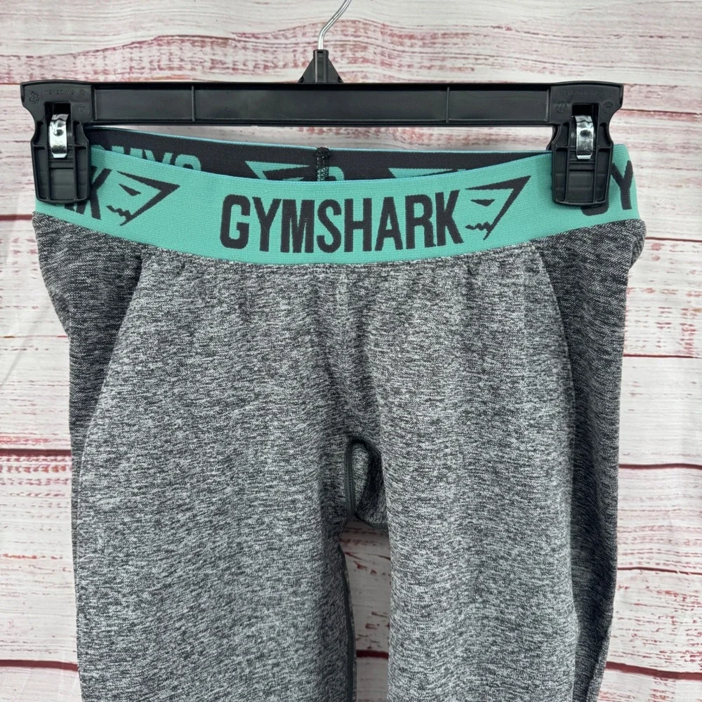 Gymshark Flex Cropped Leggings Womens‎ Small Grey Teal Logo Waistband Seamless